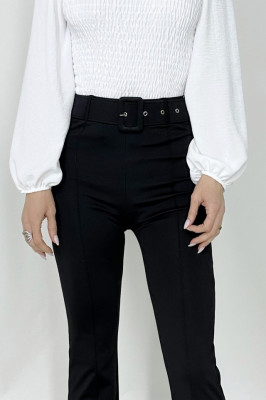 Pantaloni eleganti, Matty, cu nervura pe mijlocul piciorului, croiala evazata si curea asortata, Negru1