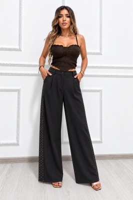 Pantaloni office CELISA, cu banda elastica la spate si cristale, Negru, Marime S/M