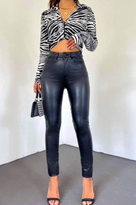 Pantaloni skinny push-up Regard, din piele ecologica, cu buzunare, Negru