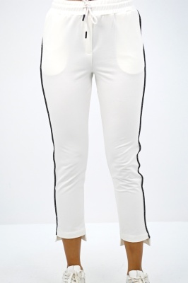 Pantaloni sport FlexLine, cu dunga laterala si lungime asimetrica, Alb detaliu fata