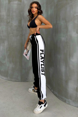Pantaloni sport Playlist, cu imprimeu bicolor si banda elastica, Negru 5