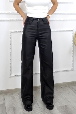 Pantaloni Starry, din piele ecologica, cu buzunare si croi Large, Negru pentru ocazii si evenimente de weekend