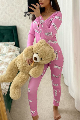 Pijama lunga tip salopeta Vicky, cu maneca lunga, inchidere cu nasturi si imprimeuri diverse, colorate, Pink doll1