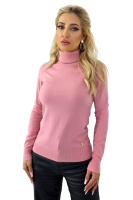 Pulover accesorizat din casmir si lana, PATY Roll, cu guler rulat, Roz, Marime S/M