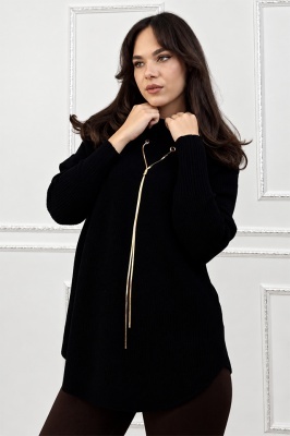 Pulover dama ELVANA, cu guler inalt, maneci reiate si accesoriu auriu detasabil, Negru, Marime unica S/M