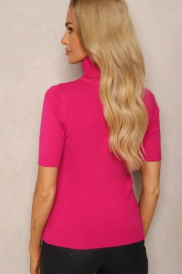 Pulover dama Patrizia, cu maneca scurta si guler rulat, Fucsia, Marime S/M poze spate