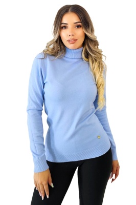 Pulover de dama, pe gat, PATY Roll, cu maneca lunga si texturi rib, Bleu, Marime S/M
