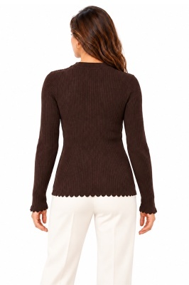 Pulover tricotat de dama BIJOU, cu textura reliefata si mansete elastice, Maro Ciocolata, detaliu spate
