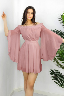 Rochie scurta Azale, in clos, cu maneci evazate oversize si rejansa elastica cazuta pe umeri, Masura S/M2