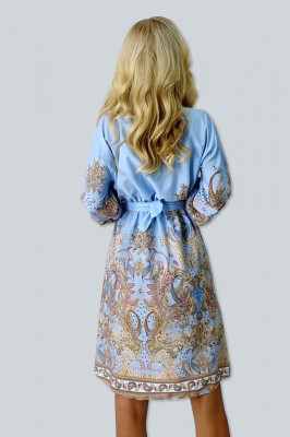 Rochie baby doll Esmeray, cu maneci bufante si imprimeu in stil baroc, Albastru deschis3