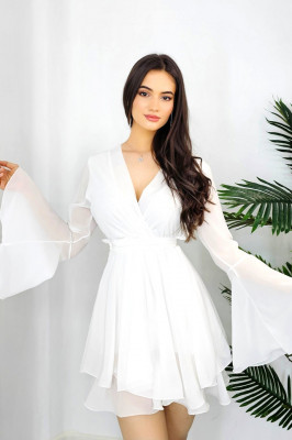 Rochie babydoll Leina, asimetrica, croi petrecut si maneci evazate, Alb, Masura S/M1