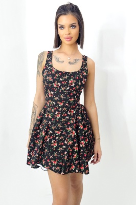 Rochie babydoll MARA, cu funda la spate si imprimeu floral, Negru, Marime S/M/L 2