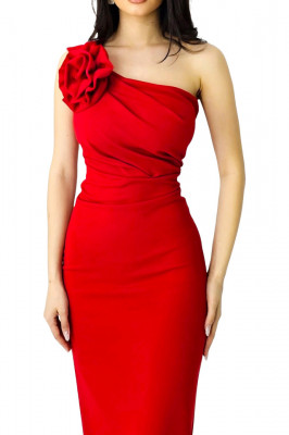 Rochie bandage de seara, ILona, cu detaliu floral detasabil, Rosu, Marime S/M 1