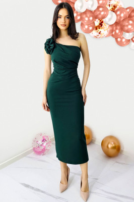 Rochie bandage de seara, ILona, cu detaliu floral detasabil, Verde inchis, Marime S/M