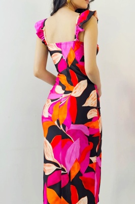 Rochie bodycon Ditsy, sliț adanc si imprimeu floral, Negru/Fucsia, Marime S/M spate detaliu