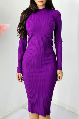 Rochie bodycon Livea, din tricot rib cu lungime medie, Mov electric 1