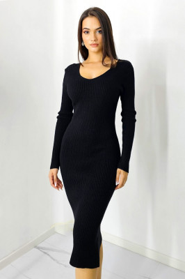 Rochie bodycon Mina, tricot cu casmir, decolteu si nervuri in relief, Negru