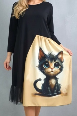 rochie midi arty casual chic cu ilustratie pisica