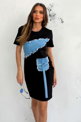 Rochie casual Nymar, cu detalii din denim si maneca scurta, Negru 3
