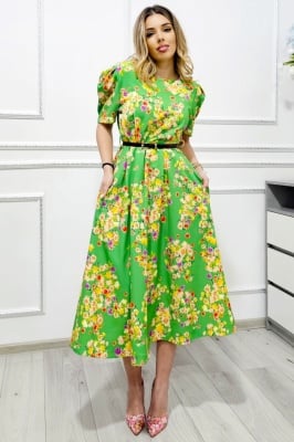 Rochie cu buzunare SOREYA, cu maneca bufanta si curea in ton, Verde Floral, Marimea S/M