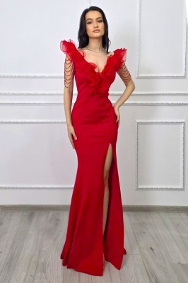 Rochie de gala Zenaria, cu siraguri din cristale si volane, Rosu