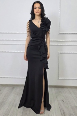 Rochie de seara ISALYN, cu siraguri de cristale in cascada si floare 3D, Negru