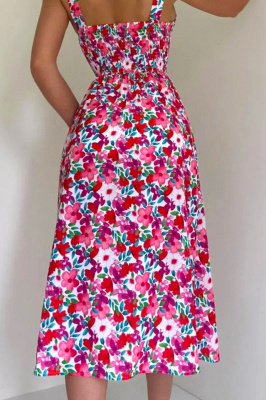 Rochie de vara Masha, cu bumbac bistrech si imprimeu floral, Red Petunia, Marime S/M spate
