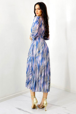 Rochie de zi Fatima, croiala plisata si imprimeu pastelat, Bleumarin, Marime S/M lateral
