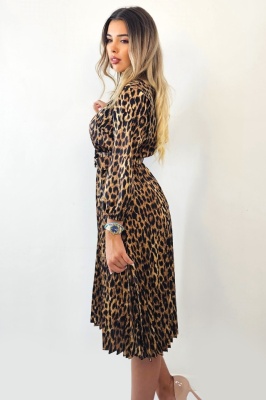 Rochie de zi plisata LUSINDA, cu animal print si curea, Jaguar, Marime S/M lateral