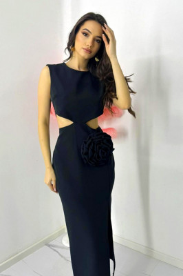 Rochie decupata Florys, croi lung cu slit, inchidere cu nasture la spate si detaliu floral oversize detasabil, Marime universala   3