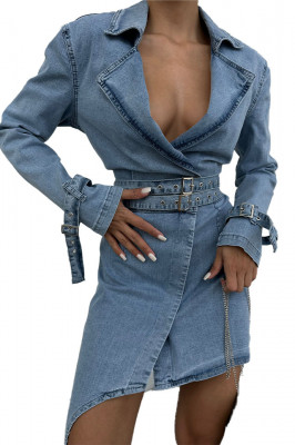 Rochie denim MEDDA, cu lungime asimetrica si curele, Albastru 3