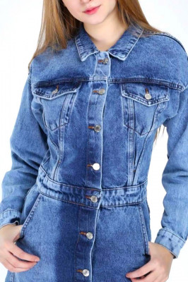 Rochie denim Melly, cu maneca lunga si nasturi pe toata linia frontala, Albastru 2