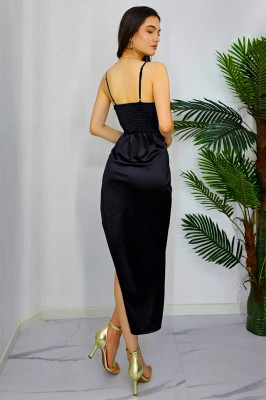Rochie eleganta Ezme, cu bretele subtiri si croi asimetric, Negru, Masura S/M3