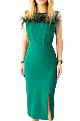 Rochie eleganta HANNA, cu pene naturale si tull, Verde, Marimea 38 2