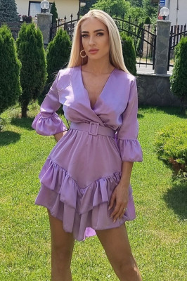 Rochie Lanvin, cu volane, maneca trei sferturi si curea inclusa, Lila