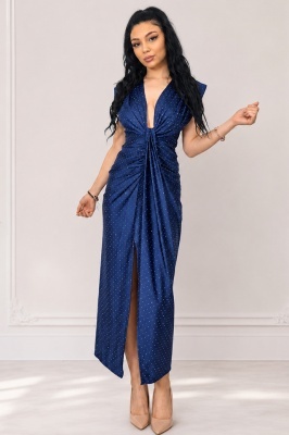 Rochie lunga cu cristale JHOSY si decolteu adanc, Bleumarin intens, Marime S/M