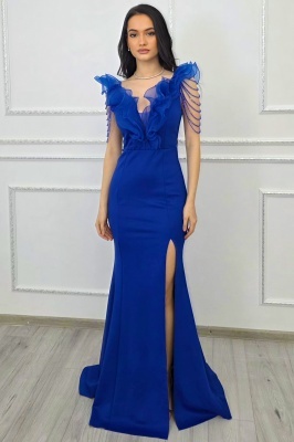 rochie albastru royal eleganta cu detalii pe umeri si efect glam