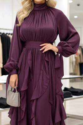 Rochie lunga cu volane Marivelle, talie marcata si cordon, Mov Intens, Marime S/M detaliu