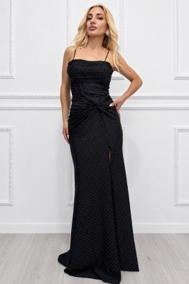 Rochie lunga de evenimente MIRUNEEA, cu crapatura pe picior si cristale, NEGRU, Marime S/M
