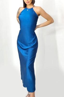 Rochie lunga satinata Priscilla, cu spatele gol si croiala halter, Albastru, Marime S/M 4
