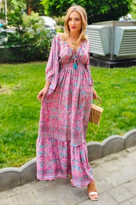 Rochie lunga Ylinca, cu mătase artizanală si rejansa elastica in talie, Roz, Marime S/M/L