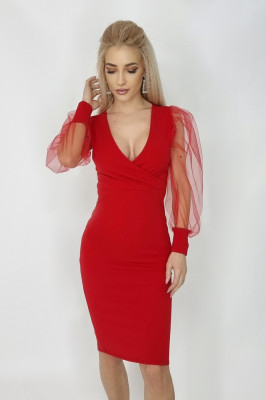 Rochie midi Zephyr, bodycon, cu decolteu amplu si maneci lungi din voal, Rosu, Marime universala S/M1