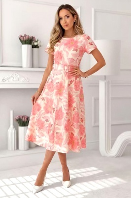 Rochie Nayla de zi, cu falduri si imprimeu floral, Corai, Marime S/M