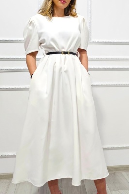 rochie eleganta lejera alba si curea asortata