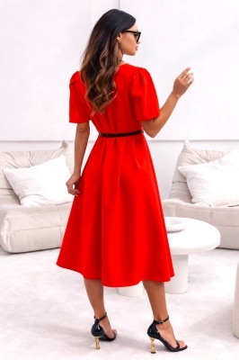 Rochie office ZALIA, croi bufant si curea subtire, Rosu, Marimea S/M detaliu spate
