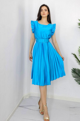 Rochie plisata midi, Elenor, cu volanase si curea asortata, Albastru, Marime universala S/M
