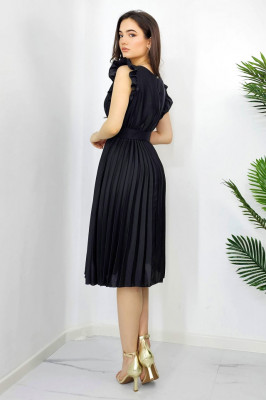 Rochie plisata midi, Elenor, cu volanase si curea asortata, Negru, Marime universala S/M3