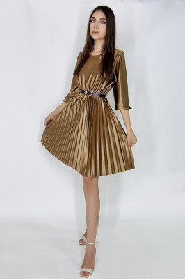 Rochie plisata Glossy, cu efect plisat si curea inclusa, Auriu