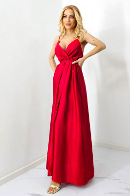 Rochie satinata Jhade, croiala decupata, cordon si bretele subtiri, Rosu, Marime S/M 1