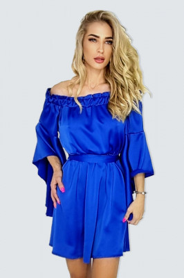 Rochie satinata Lorenna, cu maneci/decolteu oversize si aspect vaporos, Albastru2